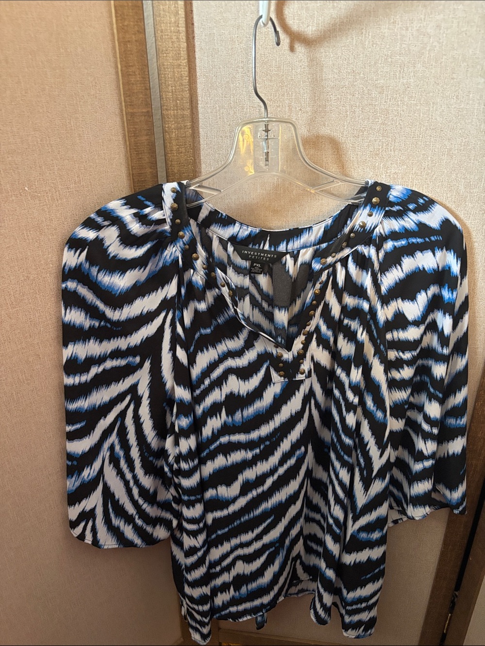 Investments , White & Blue Zebra-Print Studded Blouse PXL